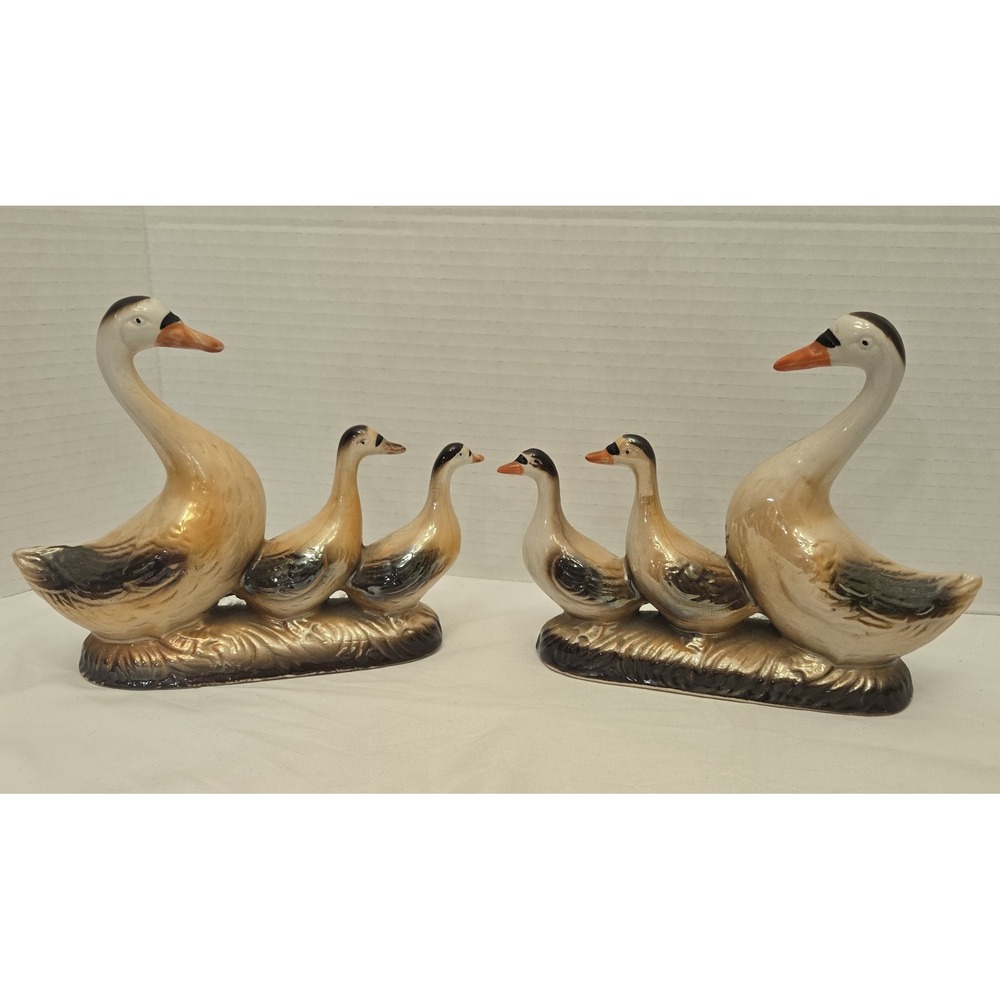 Vintage Mid Century Brazil Ceramic Geese Figurines Pair Mother Goose & Goslings